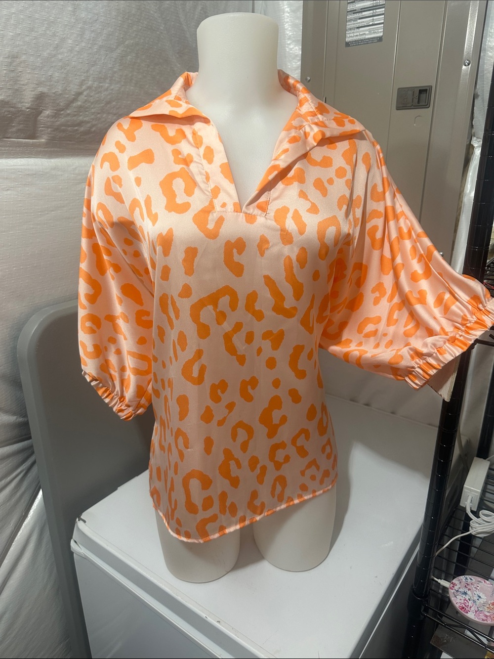 Adrienne Peach and Orange Leopard-Print Satin Blouse